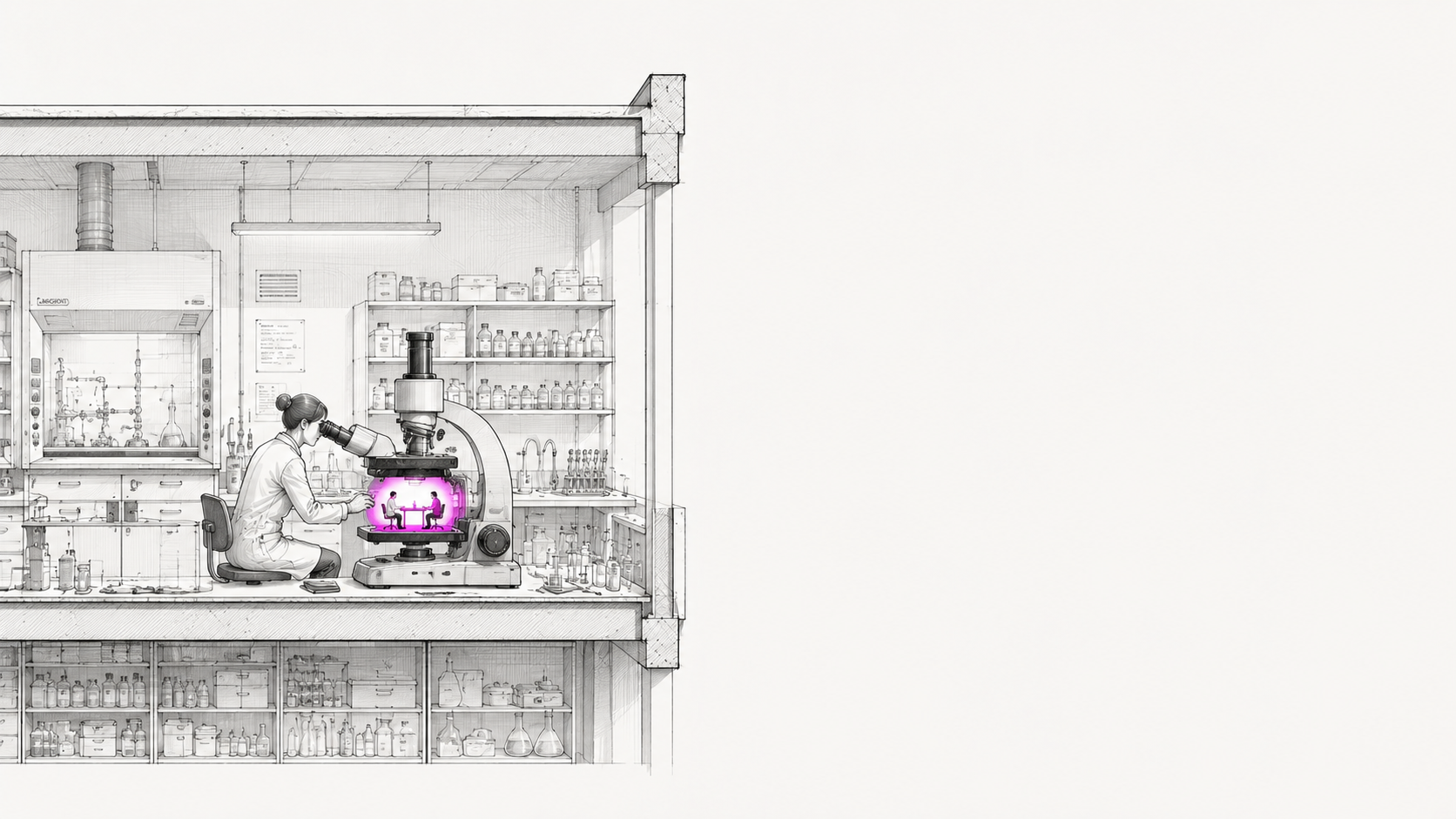 Architectural cross-section illustration of a deep tech founder bridging the academic lab and the commercial customer conversation